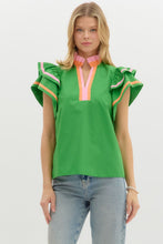 Load image into Gallery viewer, Entro Solid Color Top with Multi Color Stripe Details in Green
