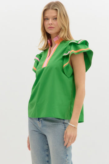 Entro Solid Color Top with Multi Color Stripe Details in Green