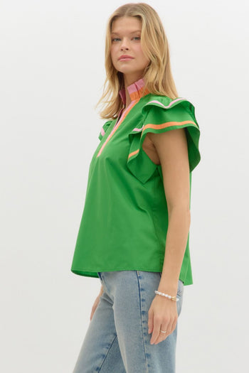 Entro Solid Color Top with Multi Color Stripe Details in Green