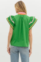 Entro Solid Color Top with Multi Color Stripe Details in Green