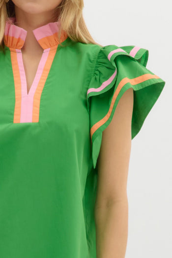 Entro Solid Color Top with Multi Color Stripe Details in Green