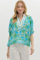 Entro Bright Floral Print Dolman Top in Green Aqua