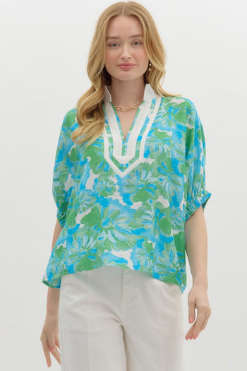 Entro Bright Floral Print Dolman Top in Green Aqua