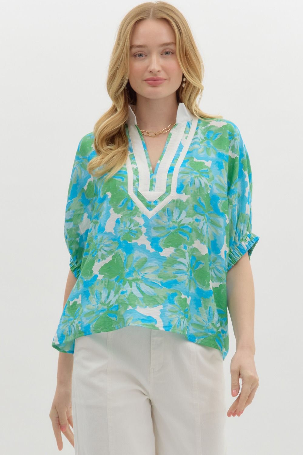 Entro Bright Floral Print Dolman Top in Green Aqua