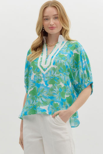 Entro Bright Floral Print Dolman Top in Green Aqua
