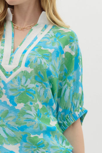 Entro Bright Floral Print Dolman Top in Green Aqua