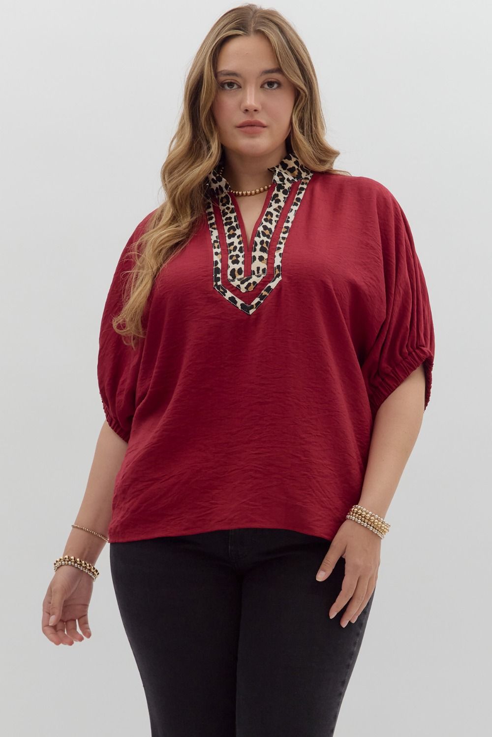 Entro Solid Color Dolman Top With Leopard Print Trim in Garnet