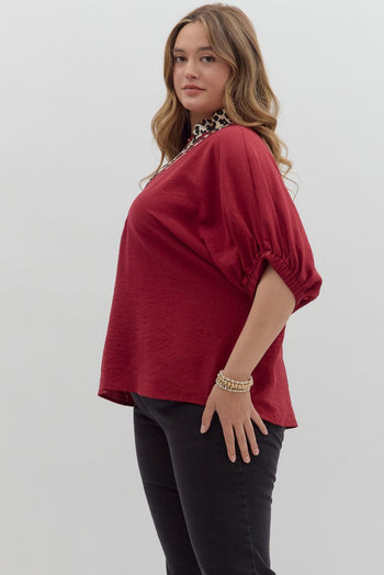 Entro Solid Color Dolman Top With Leopard Print Trim in Garnet