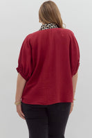 Entro Solid Color Dolman Top With Leopard Print Trim in Garnet