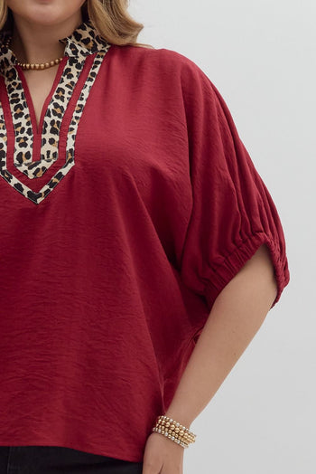 Entro Solid Color Dolman Top With Leopard Print Trim in Garnet