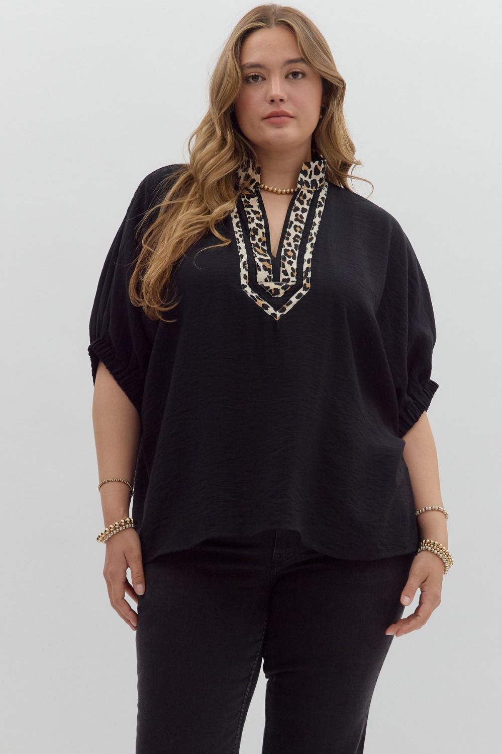 Entro Solid Color Dolman Top With Leopard Print Trim in Black