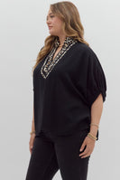 Entro Solid Color Dolman Top With Leopard Print Trim in Black