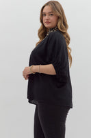 Entro Solid Color Dolman Top With Leopard Print Trim in Black