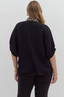 Entro Solid Color Dolman Top With Leopard Print Trim in Black