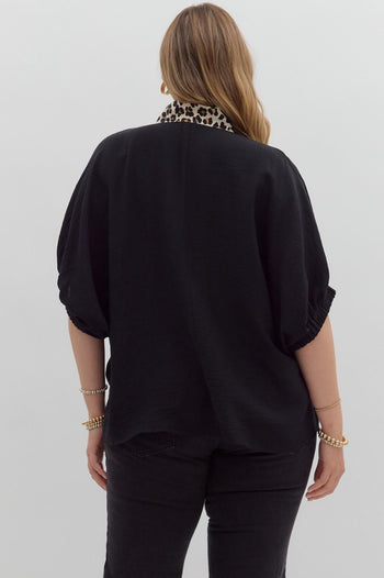 Entro Solid Color Dolman Top With Leopard Print Trim in Black