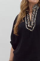 Entro Solid Color Dolman Top With Leopard Print Trim in Black