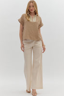 Entro Lightweight Solid Color Top with Lace Crochet Details in Taupe