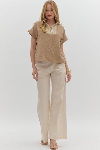 Entro Lightweight Solid Color Top with Lace Crochet Details in Taupe