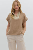 Entro Lightweight Solid Color Top with Lace Crochet Details in Taupe