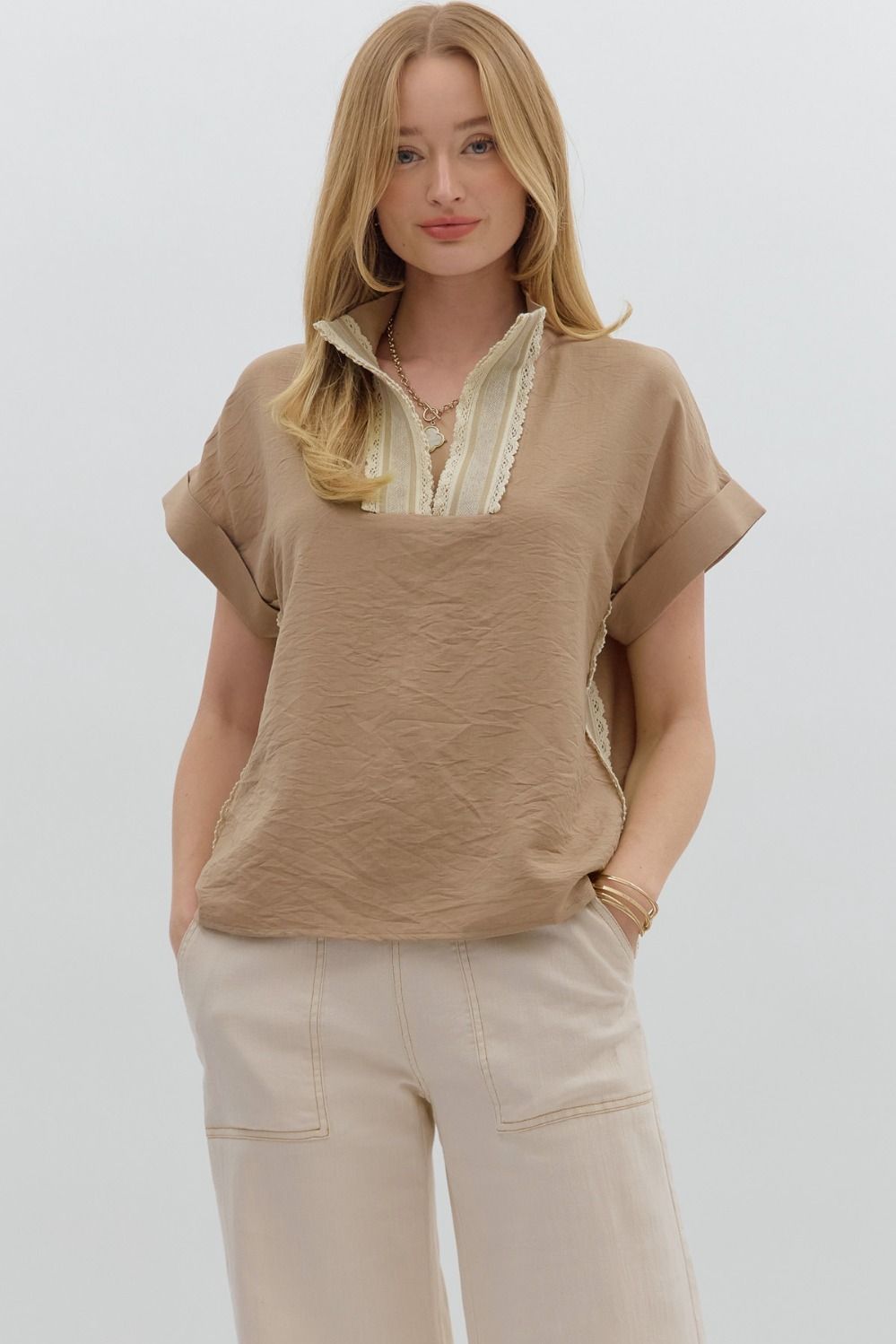 Entro Lightweight Solid Color Top with Lace Crochet Details in Taupe
