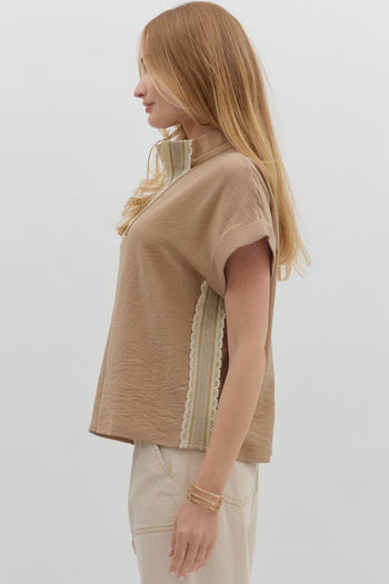 Entro Lightweight Solid Color Top with Lace Crochet Details in Taupe
