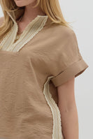 Entro Lightweight Solid Color Top with Lace Crochet Details in Taupe