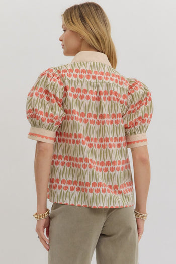 Entro Floral Pattern Top with Scallop Trim Embellishment in Ecru