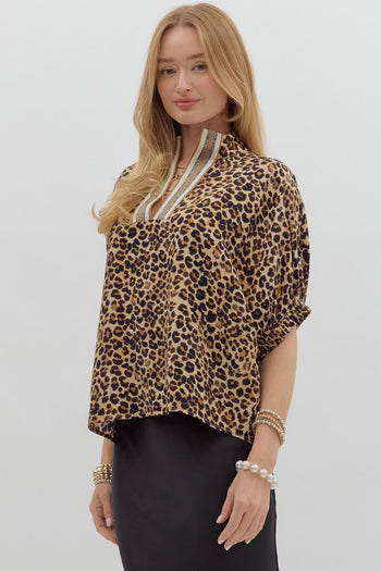 Entro Leopard Print Dolman Top in Camel