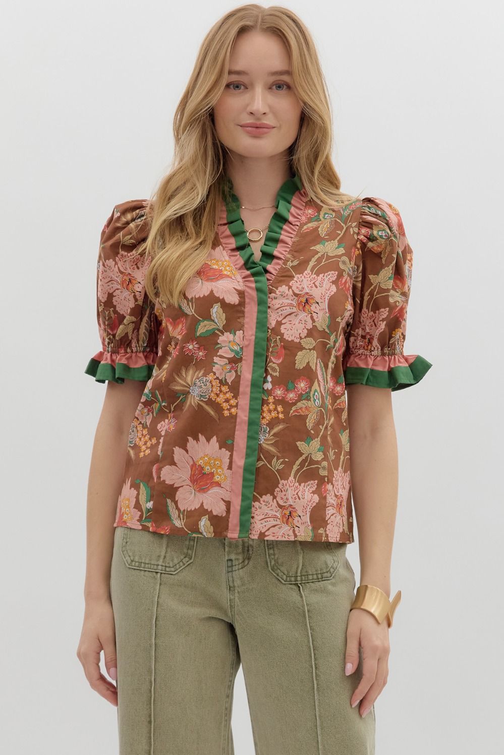Entro Contrasting Floral Print and Striped Top in Brown