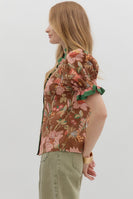 Entro Contrasting Floral Print and Striped Top in Brown