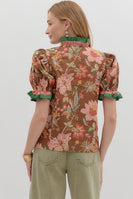 Entro Contrasting Floral Print and Striped Top in Brown