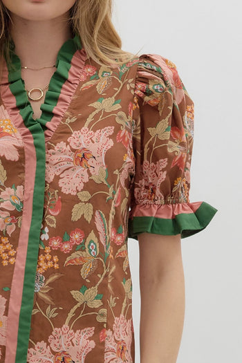 Entro Contrasting Floral Print and Striped Top in Brown