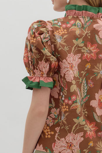 Entro Contrasting Floral Print and Striped Top in Brown