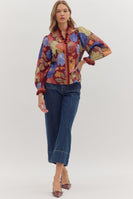 Entro Floral Print Long Sleeve Top in Burgundy