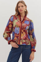 Entro Floral Print Long Sleeve Top in Burgundy