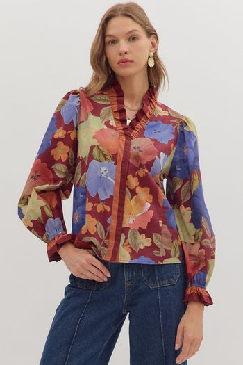 Entro Floral Print Long Sleeve Top in Burgundy