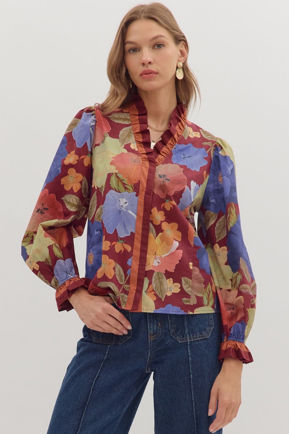 Entro Floral Print Long Sleeve Top in Burgundy