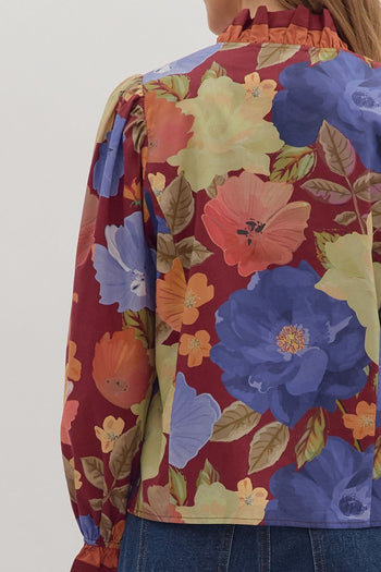 Entro Floral Print Long Sleeve Top in Burgundy