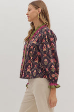 Load image into Gallery viewer, Entro Floral Print Top with Multicolor Ruffle Trim in Dark Navy
