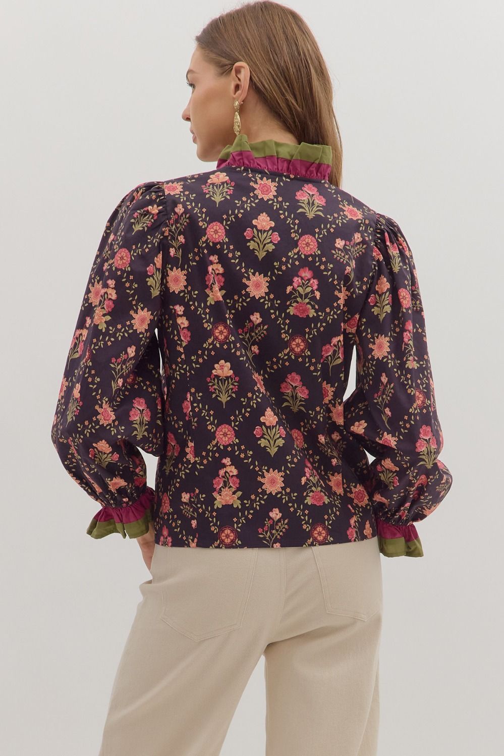 Entro Floral Print Top with Multicolor Ruffle Trim in Dark Navy