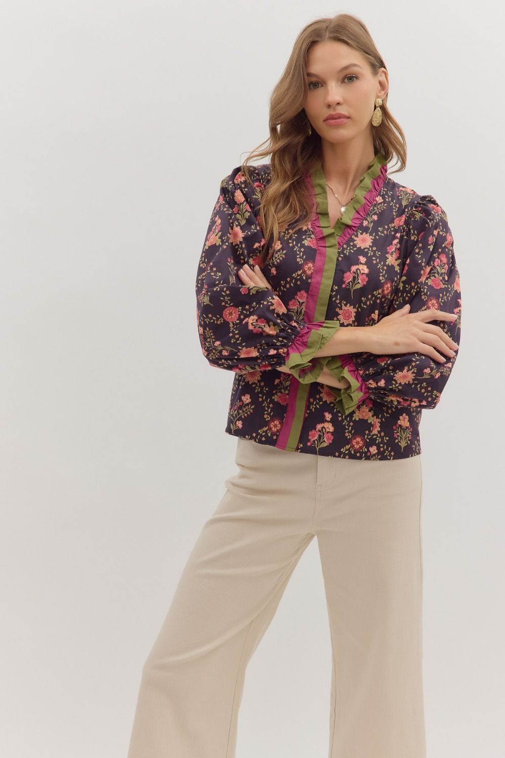 Entro Floral Print Top with Multicolor Ruffle Trim in Dark Navy