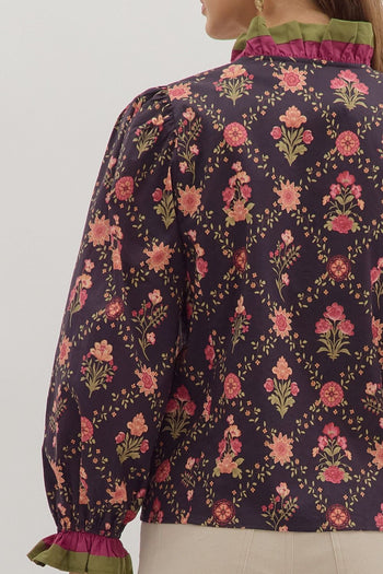 Entro Floral Print Top with Multicolor Ruffle Trim in Dark Navy