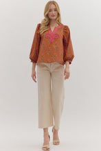 Load image into Gallery viewer, entro Floral Print Top with Contrasting Embroidery Knot Trim in Brown
