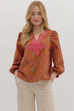 Load image into Gallery viewer, entro Floral Print Top with Contrasting Embroidery Knot Trim in Brown
