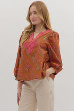 Load image into Gallery viewer, entro Floral Print Top with Contrasting Embroidery Knot Trim in Brown
