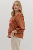 entro Floral Print Top with Contrasting Embroidery Knot Trim in Brown