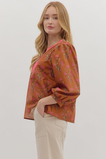 entro Floral Print Top with Contrasting Embroidery Knot Trim in Brown