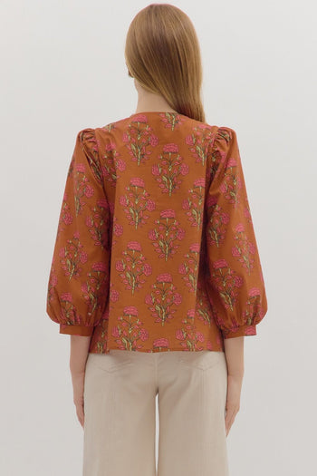 entro Floral Print Top with Contrasting Embroidery Knot Trim in Brown
