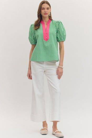 entro Classic Gingham Ruffle Top in Green