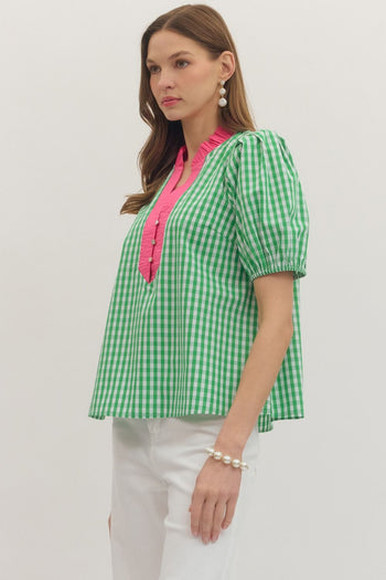 entro Classic Gingham Ruffle Top in Green